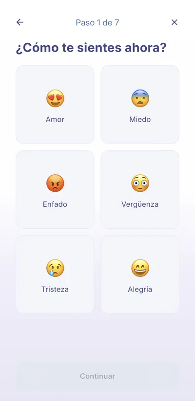Pantalla de MindLogs: paso 1 de 7, elige cómo te sientes ahora entre seis emociones