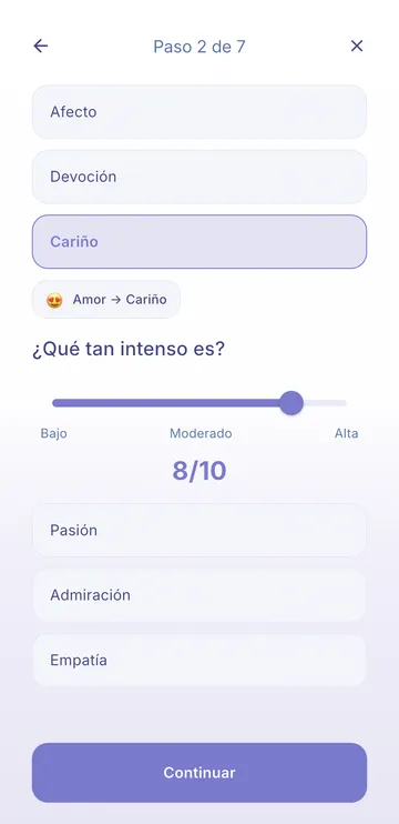 Paso 2 de MindLogs: sentimiento concreto e intensidad